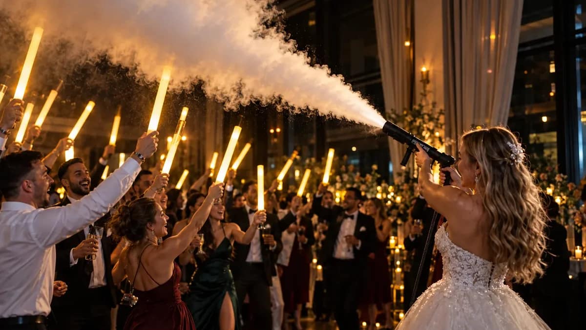 Panna młoda z pistoletem CO₂ i goście z pałkami LED podczas bloku klubowego na weselu